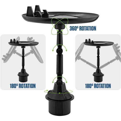 Cellet Cup Holder Tray for Car with Phone Mount – Expandable Base, 360° Rotation Food & Drink Tray with Non-Slip Surface, Adjustable Arm for Eating in Vehicle – Fits Most Standard Car Cup Holders