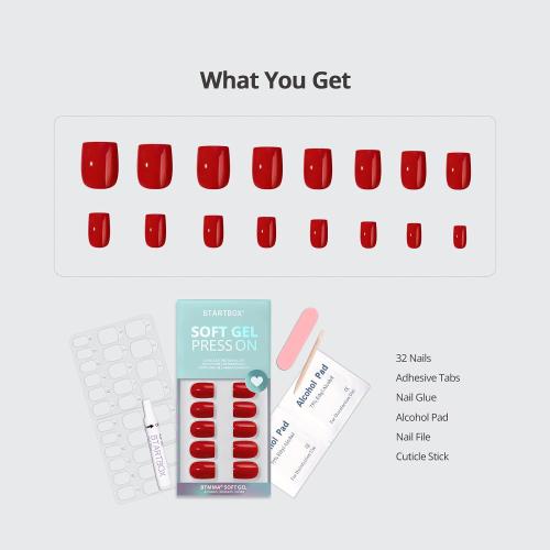 BTArtbox Press On Nails Short - Red Square Press On Nails with Glue for Women, Opaque Soft Gel Glue On Nails in 16 Sizes - 32 Stick On Nails Kit, Hot Lap