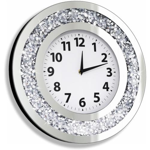 Size 16x16x12  Crystal Crushed Diamond Mirrored Round Wall Clock 16x16x2 inches for Wall Decoration Silver Glass Mirror Clock Sparkle Twinkle Bling Home Decor. AA Battery is not Included.