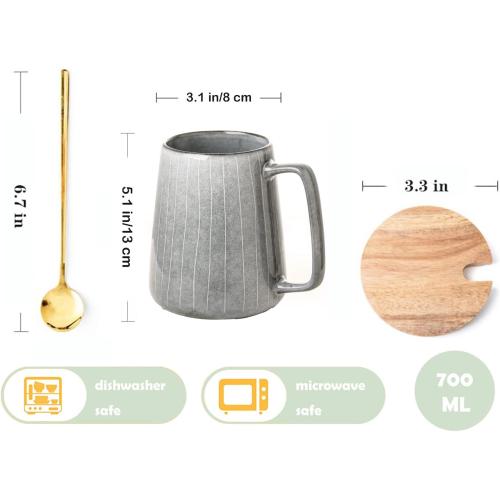Large Ceramics Coffee Mugs,with Spoon and Wooden Lid,for Coffee,Tea,Cocoa,Large Handle Design,Microwave Dishwasher Safe (Gray Set)