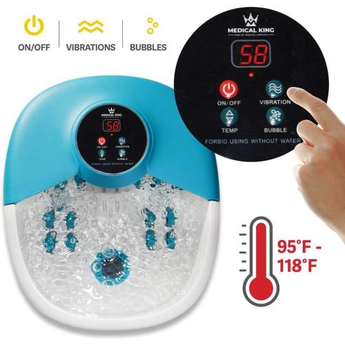 Medical king Foot Spa Massager with Heat, 14 Rollers in Foot Shape - 5 in 1 Foot Bath Massager - Adjustable Heating, Bubbles, Vibration, Pumice Stone, Mini Massage Points