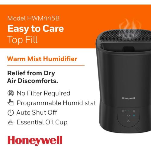 Honeywell Easy-to-Care Filter Free Warm Mist Humidifier, Medium Rooms, 1.5 Gallon Tank – Humidistat for Bedroom, Home or Office Black