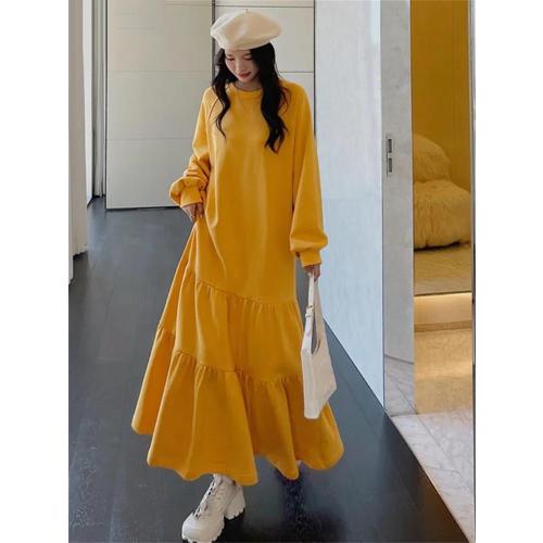 Women's 3XL Spring and Autumn Dresses Loose Cotton Solid Color Round Neck Long Sleeve Dresses