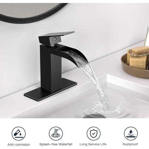 Matte Black Waterfall Bathroom Faucet 1 Hole or 3 Hole, Single Handle Rv Bathroom Sink Faucet with Pop Up Drain, Bathroom Vanity Faucet with cUPC Supply Hose and Deck Plate