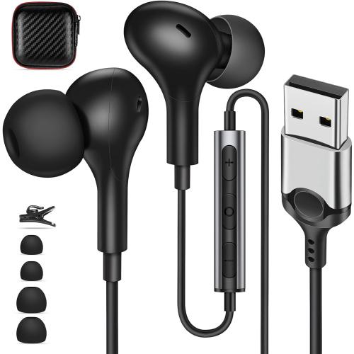 USB Earbuds with Microphone for PC Laptop,Wired USBA Headset,Black