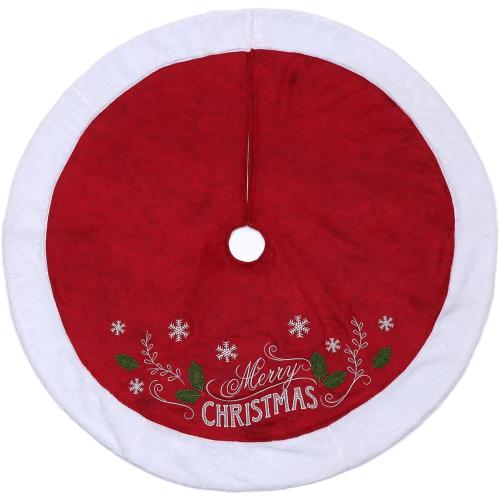 XAMSHOR Christmas Tree Skirt, 48 Inches Embroidered Xmas Tree Skirt with White Trim Holiday Party Ornaments Indoor Outdoor Decorations, Snowflake and Leaves Pattern Red