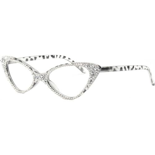 Color White   1.75 Rhinestone bullabulling Cat Eye Rhinestone Reading Glasses for Women Sparkling Crystal Eyewear Frames Trendy bling Diamond Reader