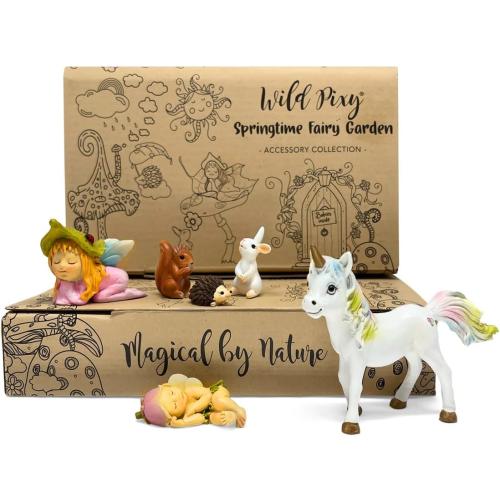 WILD PIXY Baby Miniature Fairy Garden Set – Springtime Fairy Accessories Kit with Gorgeous Fairies and Animals, Indoor/Outdoor Figurines in Designer Gift Box, Perfect for Garden Decor
