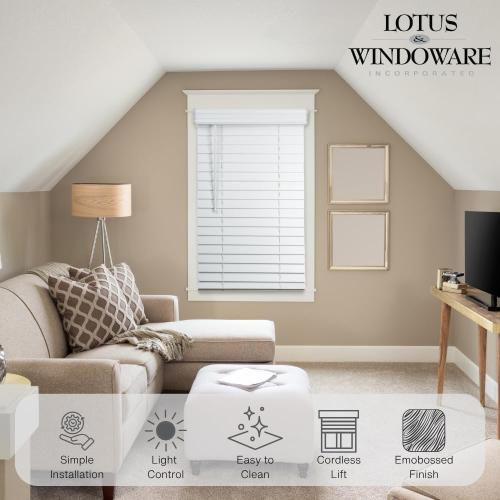 Size , 9.5 x 72, Color White Lotus & Windoware Cordless, 2 Inch Faux Wood Blind, Window Blinds, Blinds & Shades, Blinds for Indoor Windows, Embossed, 9.5 x 72, Bright White