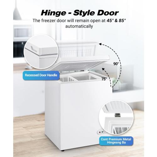 Chest Freezer, Deep Freezer 5 Cubic Feet with Removable Baskets & 6 Adjustable Temperature & Top Open Door, White Mini Deep Freezer Compact Freezer Suitable for Apartments(Down to -18°F)