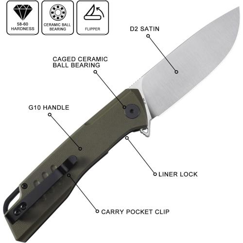 Petrified fish PFB02 Loco Pocket Knife, 3.70 D2 Satin Blade Camping Knife, 5.29oz G10 Handle Flipper Liner lock Folding knife for EDC (Green Satin)