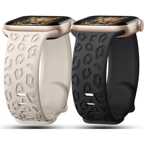 2Pack Leopard Engraved Bands Compatible with Apple Watch Band 41mm 40mm 38mm 49mm 46mm 45mm 44mm 42mm Women, Silicone Cheetah Sport Strap for iWatch Series SE 10 9 8 7 6 5 4 3 2 1,Ultra