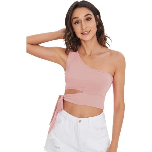 Size M Verdusa Women's One Shoulder Tie Knot Side Sleeveless Solid Tank Crop Top Pink Solid