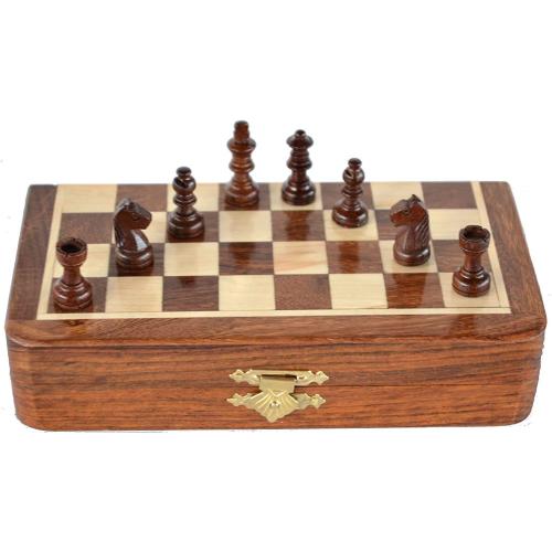 Magnetic Travel Pocket Chess Set - Staunton 7x7 Inch Folding Game Board - Handmade in Fine Rosewood - 2 Players, Age 14