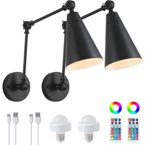 MWZ Black Swing Arm Wireless Rechargeable Sconces Set of 2,Battery Operated Dimmable 12 RGB Color Cordless Wall Lamp with Remote,Cone Indoor Non Hardwired Wall Mounted Light Fixture for Bedside