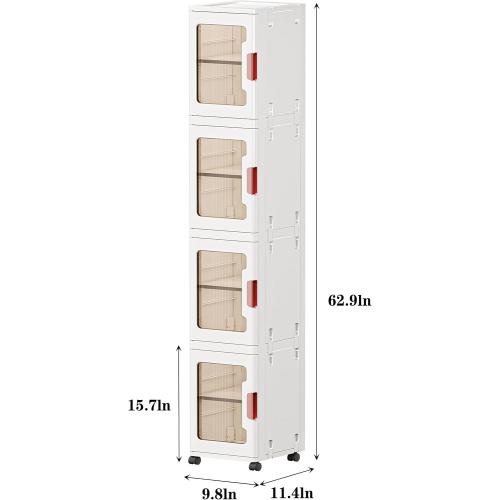 4-Tier Slim Tall Bathroom Storage Cabinet，Narrow Bathroom Storage Cabinet with Transparent Doors and Shelves, Suitable for Small Spaces, Bathrooms, Kitchens, Laundry Rooms,White (9.8x11.4x62.9)