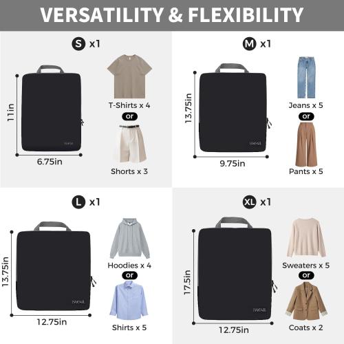 BAGAIL 4 Set/6 Set/8 Set Compression Packing Cubes Travel Accessories Expandable Packing Organizers (Cloth Pattern, 4-Black)