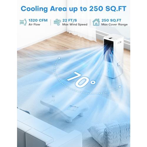 Windowless Air Conditioner w/4 Modes& 3 Speeds, Waterless Alert, 2.4-Gal Tank for 20H Cooling, 12H Timer, 2 Ice Pack,Remote, 70° Auto Swing Evaporative Air Cooler, Portable AC Unit for Bedroom