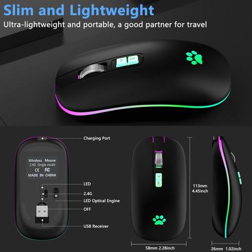 KARFUN Wireless Mouse, Backlit LED Portable Slim Computer Mouses for Laptop, PC, Computer, MacBook, iPad, Chromebook, Notebook, 2.4G Rechargeable Wireless Mouse (Black-Black Nose)
