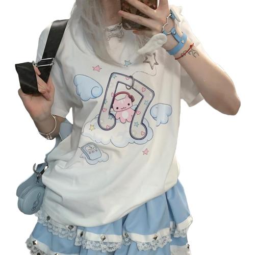 RILGOU Harajuku Style Pastel Kawaii Gothic Clothes Casual Crewneck Soft Cartoon Cute Cat Music Angel Print T-Shirt Size Large