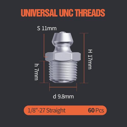 TRILINK 1/8-27 Zerk Grease Fittings, SAE Grease Nipples with Straight, Grease Fittings Kit with Wrench for Quick Installation – Ideal for Automotive, Agricultural & Industrial Machinery (60pcs)