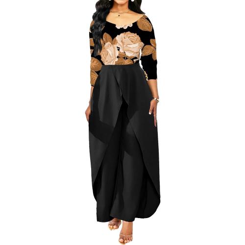 Sixe XXL Casual Floral Jumpsuit for Women Dressy Elegant Scoop Neck Long Sleeve Long Pants Cocktail Party Rompers