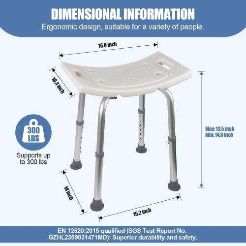 White and Grey Shower Chair, Adjustable Non-Slip Shower Bench with Suction Feet, Shower Seat for Inside Shower or Tub, Medical Bath Stool for Adults, Elderly & Disabled