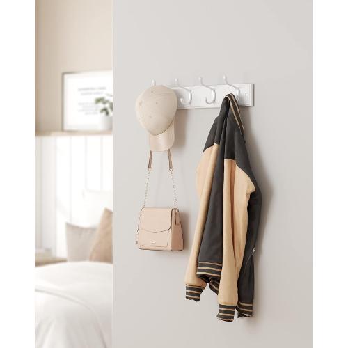SONGMICS Wall-Mounted Coat Rack, Hook Rack, 4 Dual Metal Hooks, for Coats, Bags, Keys, in the Entryway, Bedroom, Living Room, White ULHR23WT