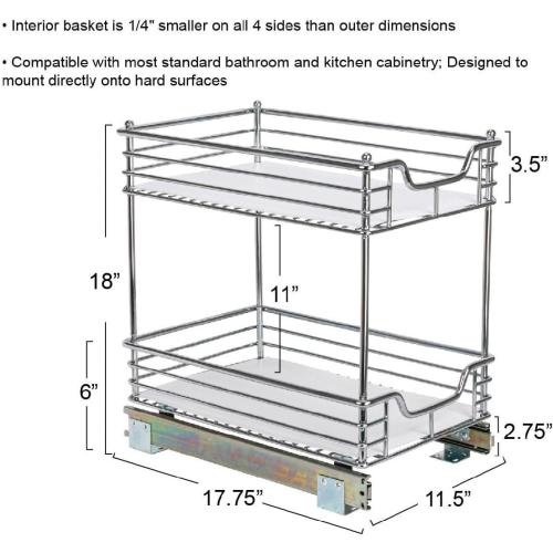 Household Essentials Glidez Multipurpose Chrome-Plated Steel Pull-Out/Slide-Out Storage Organizer with Plastic Liner for Under Cabinet Use - 2-Tier Design - Fits Standard Size Cabinet or Shelf, Chrome