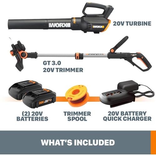 Worx 20V String Trimmer Cordless & Edger 3.0   Leaf Blower Cordless with Battery and Charger Turbine, Black and Orange