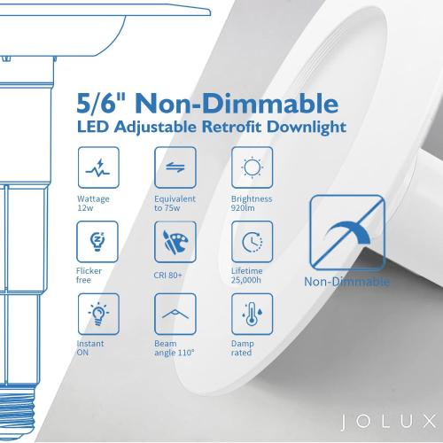 Jolux 5/6 Non-Dimmable LED Adjustable Retrofit Downlight,E26 Medium Screw Base,12W=75W, 5000K (Daylight),920 Lumens,Damp Rated Recessed Lighting,Simple Installation Can Lights,ETL, 6-Pack,Bevel Trim