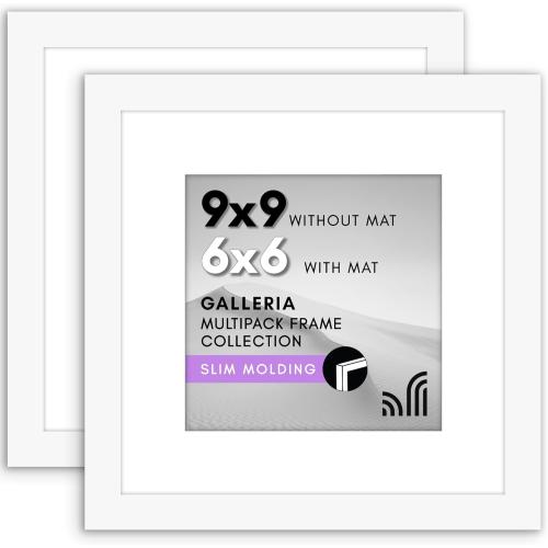 Americanflat 9x9 Picture Frame with Polished Plexiglass - Set of 2 - Use as 6x6 Frame with Mat or Display 9x9 Photo Without Mat - Galleria Collection - Square Frames for Tabletop and Wall - White