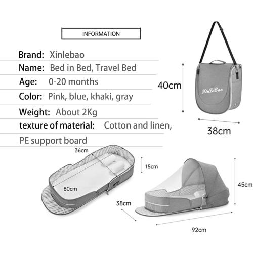 Folding Baby Travel Bassinet Portable Lightweight Travel Crib Baby Bed Co- Sleeper for Baby in Bed with Canopy and Mosquito Net (Gray, with Sunshade)