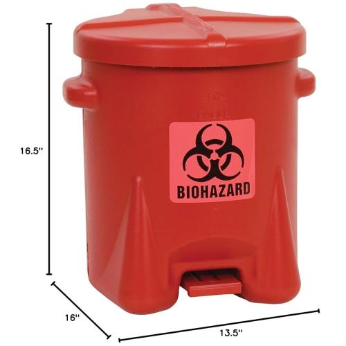 Eagle 6 Gallon Biohazard Trash Can with Foot-Operated Self-Closing Lid, 16.5 x 13.5 x 16, Made in The USA from High-Density Polyethylene, Red, 943BIO