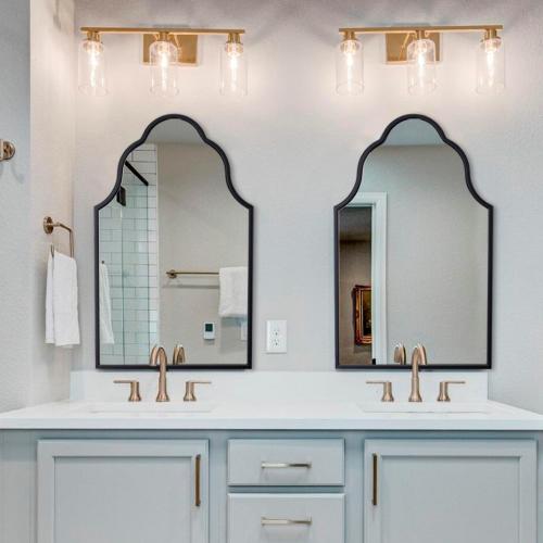 Chende Black Bathroom Mirror for Over Sink, 32X20 Arched Mirrors with Scalloped Wooden Frame, Elegant Decorative Mirror for Living Room, Dining Room, Entryway