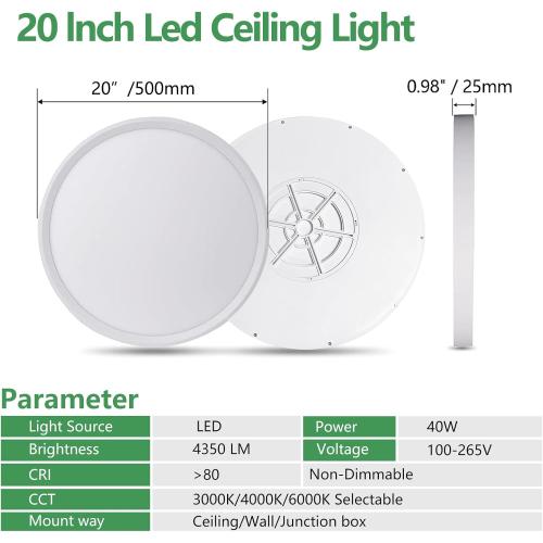 Size  Large LED Flush Mount Ceiling Light, 40W,4350LM, 3000K/4000K/6000K CCT Selectable,White Round Flat Panel Light Low Profile Ceiling Light Fitures for Hallway, Kitchen, Bedroom, Laundry Room