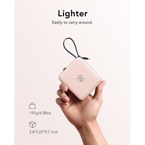 VRURC Mini Portable Charger, 22.5W USB C Fast Charging 10000mAh Pocket Power Bank with Built-in Cable, Battery Pack for iPhone 16 15 14 13 Samsung Galaxy S23 S22 Google Android, Pink(1 Pack)