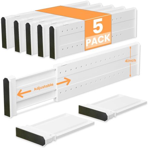 REBECAT 5 Pack Drawer Dividers for Clothes Adjustable Drawer Dividers 4 High Expandable from 15-21 for Dresser Baby Clothes Bathroom,Bedroom Kitchen and Office Storage，White