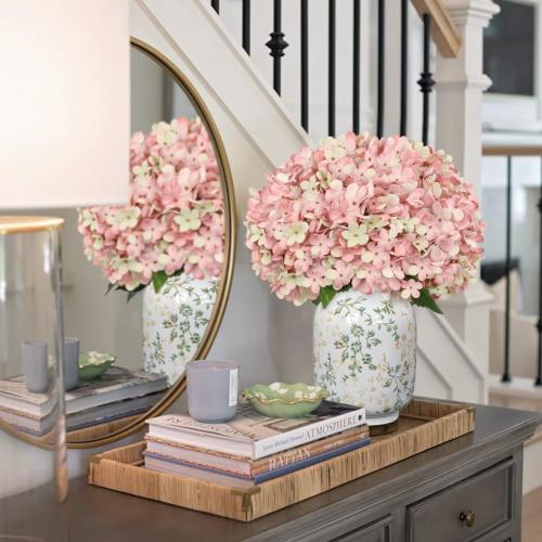 Hollyone 6PCS Pink Hydrangea Artificial Flowers Artificial Hydrangeas Silk Flowers for Home Decor Indoor Wedding Flower Faux Flower Kitchen Centerpiece Table Decorations