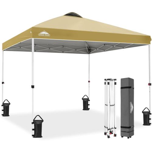 EAGLE PEAK 10x10 Pop Up Canopy Tent Easy Up Canopy Outdoor, Beige | Patented PeakPush™ Center Lock, 1 Person Setup Portable Pop Up Tent, Beach, Markets, Camping Sport Events, Wheeled Carry Bag