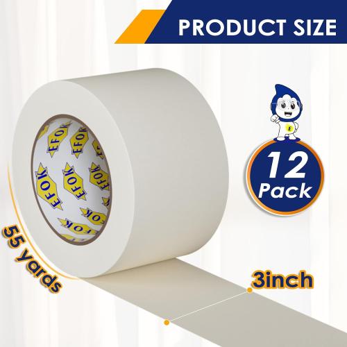 12 Pack 3x55 Masking Tape 3 Inch Wide Bulk, Beige, General Purpose White Painters Tapes for Drafting, Packing, Labeling, 3 Inch × 55 Yards Total 660 Yards