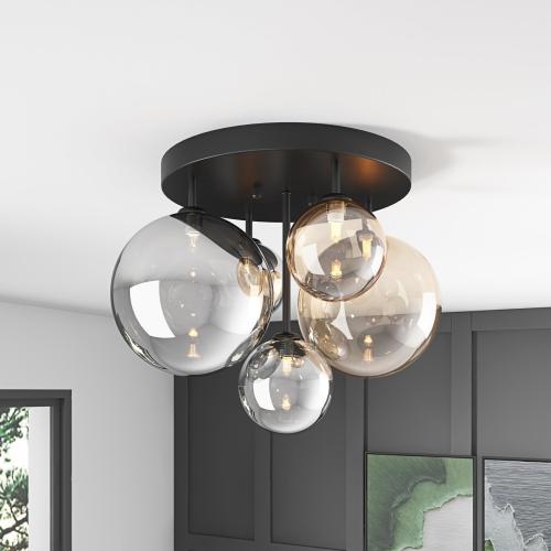 Aiwen 18 5-Light Black Semi Flush Mount Ceiling Light, Mid-Century Modern | Flush Mount Chandelier with Globe Glass Shade, Farmhouse Ceiling Light Fixture, Cluster Chandelier for Bedroom, Dining Room