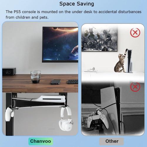 Aluminum Under Desk Mount for PS5/PS5 Slim/ PS5 Pro Digital & Disc, Securing Under Desk Bracket with Detachable Controller & Headphone Holder Kit No Drill (Black)