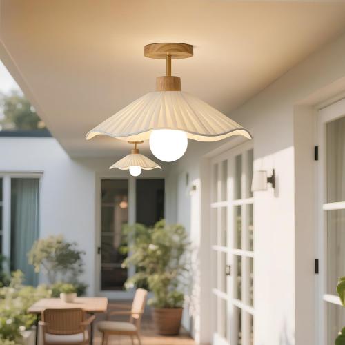 Flower Ceiling Light for Hallway,Semi Flush Mount Ceiling Light with Fabric Shade,Modern Ceiling Light Fixture with Wooden Base for Bedroom, Porch, Entryway(15.7 Inch)