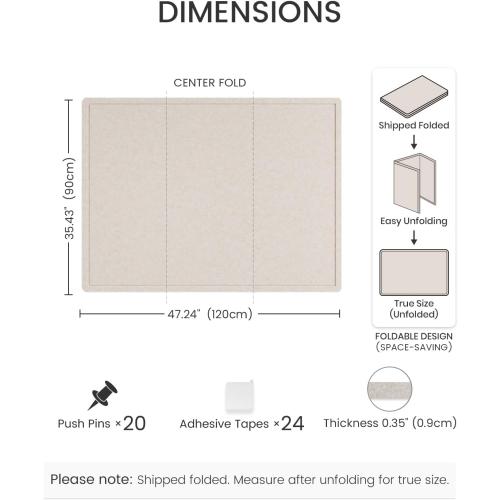 Fluxynara Large Bulletin Board, 47.2 x 35.4 Cork Board Alternative with 24 Safe Removable Adhesive Tabs, Foldable Felt Pin Board for Home Office, Classroom, Bedroom,Entryway for Walls— Oatmeal