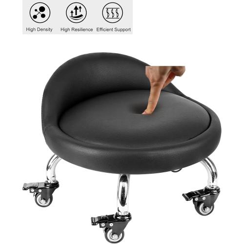 Rolling Stool with Backrest VAPAA TAIDE 450 Lbs High Weight Capacity PU Leather Roller Seat and Heavy-Duty Crystal Universal Wheels for Men Women Boy Girl Furniture Gift, Home Office Black