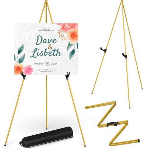 Display Artist Easel Stand - 63 Instant Tripod Collapsible Portable Floor Easel - Easy Folding Adjustable Art Poster Metal Stand for Display Show, Wedding, Painting - Gold