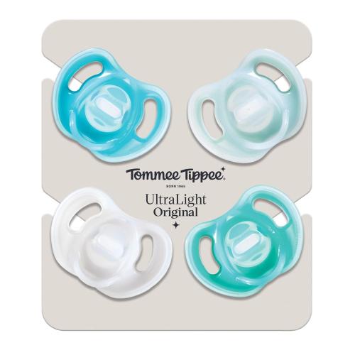 Tommee Tippee Ultra-Light Silicone Pacifier, 0-6 Months, Symmetrical One-Piece Design, BPA-Free Silicone Binkies, Blue/Green/Clear, Pack of 4 ‼️ ( THE ITEM DOESN’T HAVE THE PACKAGE )‼️
