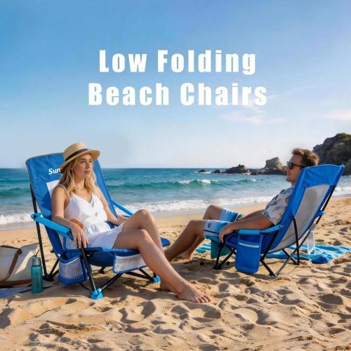 SUNNYFEEL Low Folding Beach Chair for Adults, Portable Lightweight Sling Beach Camping Chairs with Cup Holder, Armrest,Foldable Camp Lawn Chair for Outdoor Sand Concert Travel Sport Events,300LBS