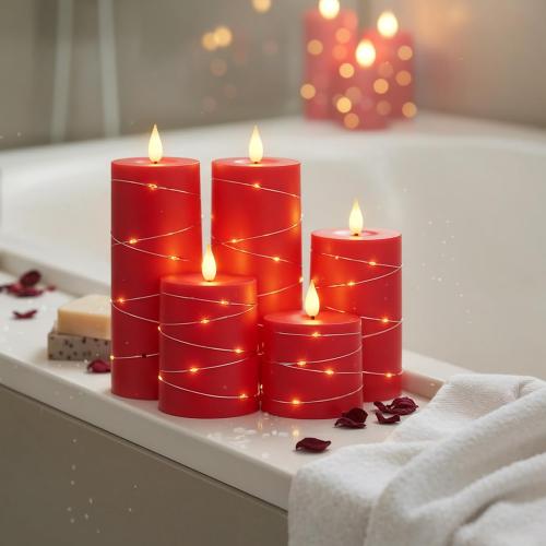 Raycare Flameless Candles with Remote Timer, Flickering Battery Operated LED Pillar Fake Candle with String Lights for Home Decor, Christmas, Wedding and Gift, Red, Set of 5